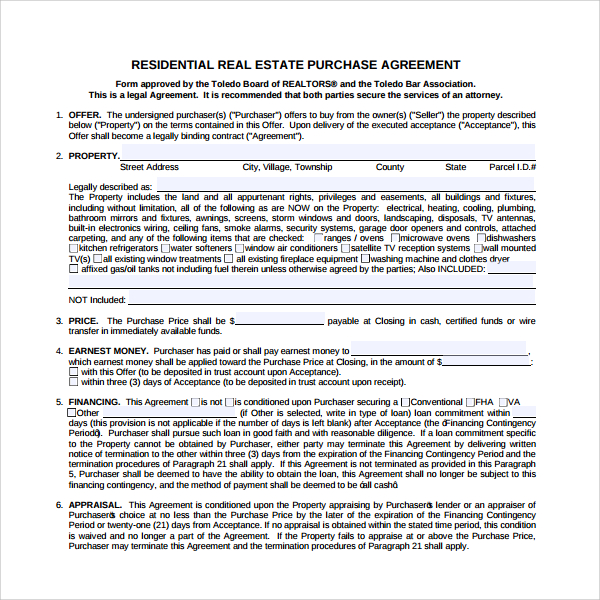 residential real estate purchase agreement template