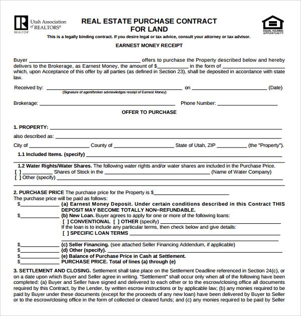 printable real estate purchase agreement template