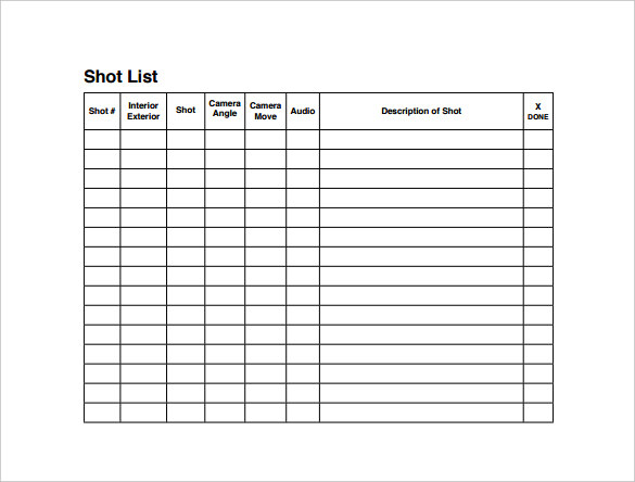 Film Shot List PDF Template Free Download