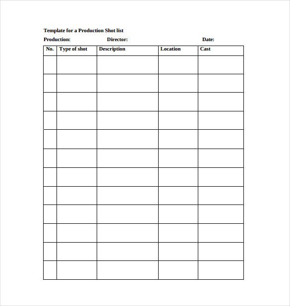 template for a production shot list pdf free download