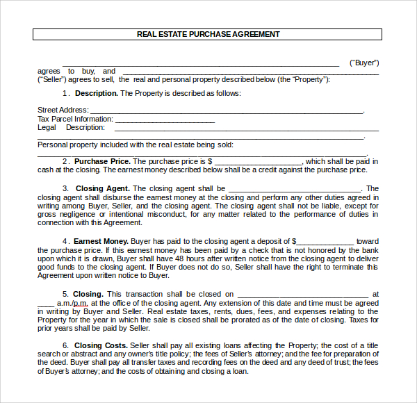 real estate purchase agreement word format