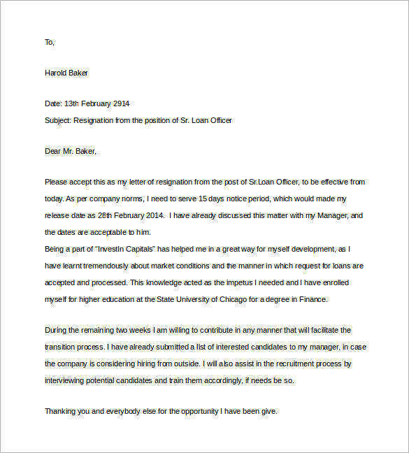 loan officer resignation two weeks notice letter