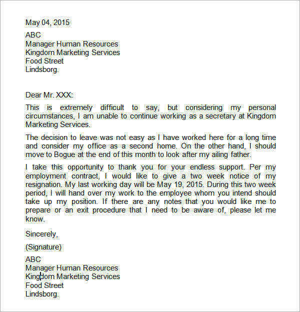 15  Sample Two Weeks Notice Letters in Doc Sample Templates