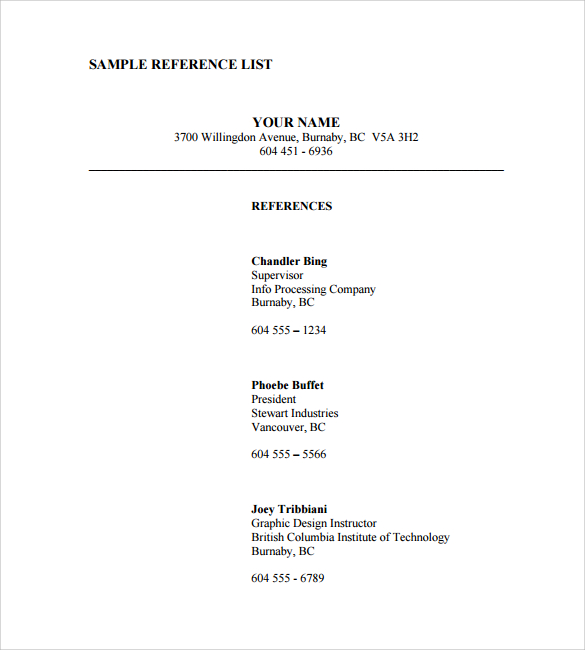 Reference Page Template Sample Reference List Template