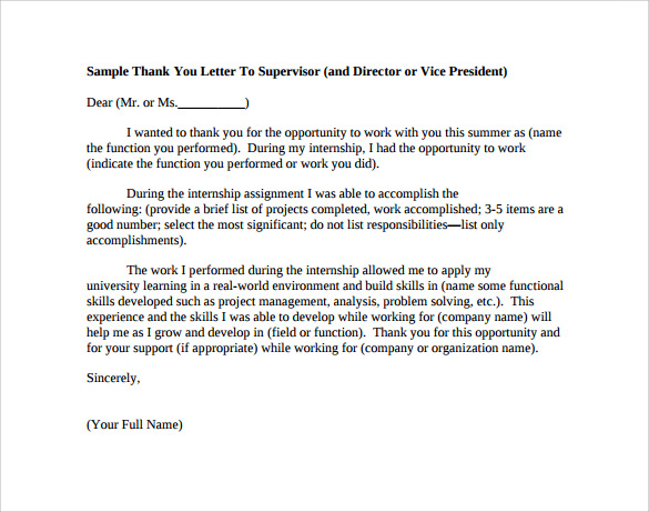 professional thank you letter to supervisor free download 