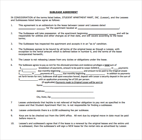 printable sublease agreement template for free