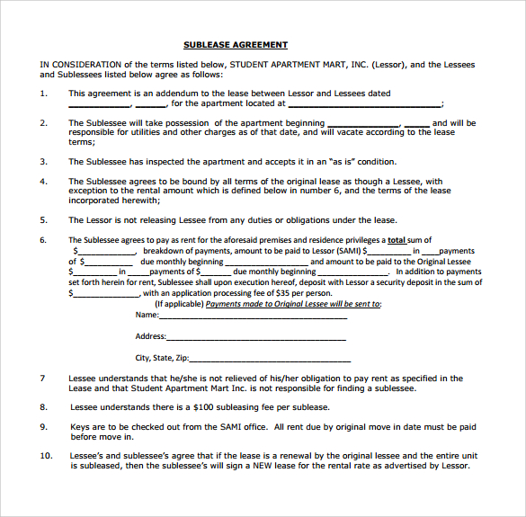 Sublease Agreement Template | Free Agreement Templates