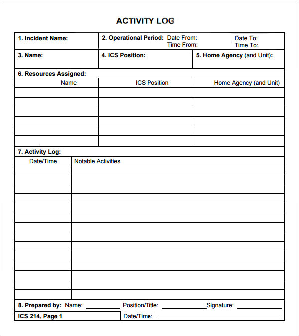 Activity Log Sample - 5+ Documents in PDF, Word, Excel