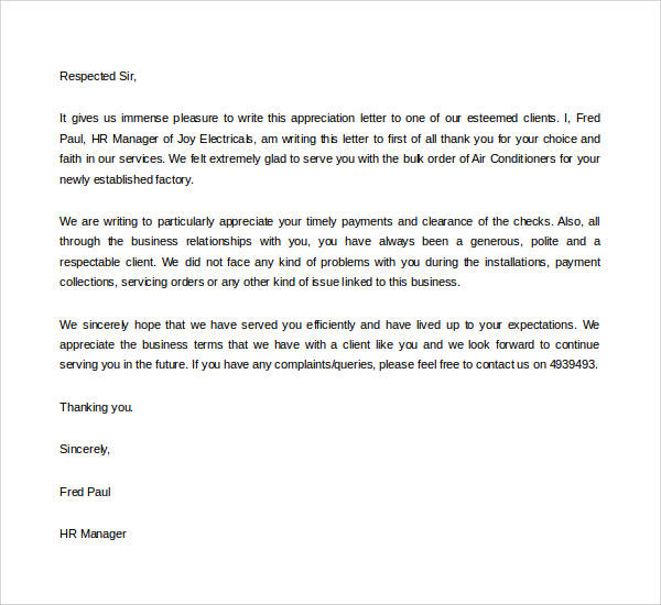 business appreciation letter to client
