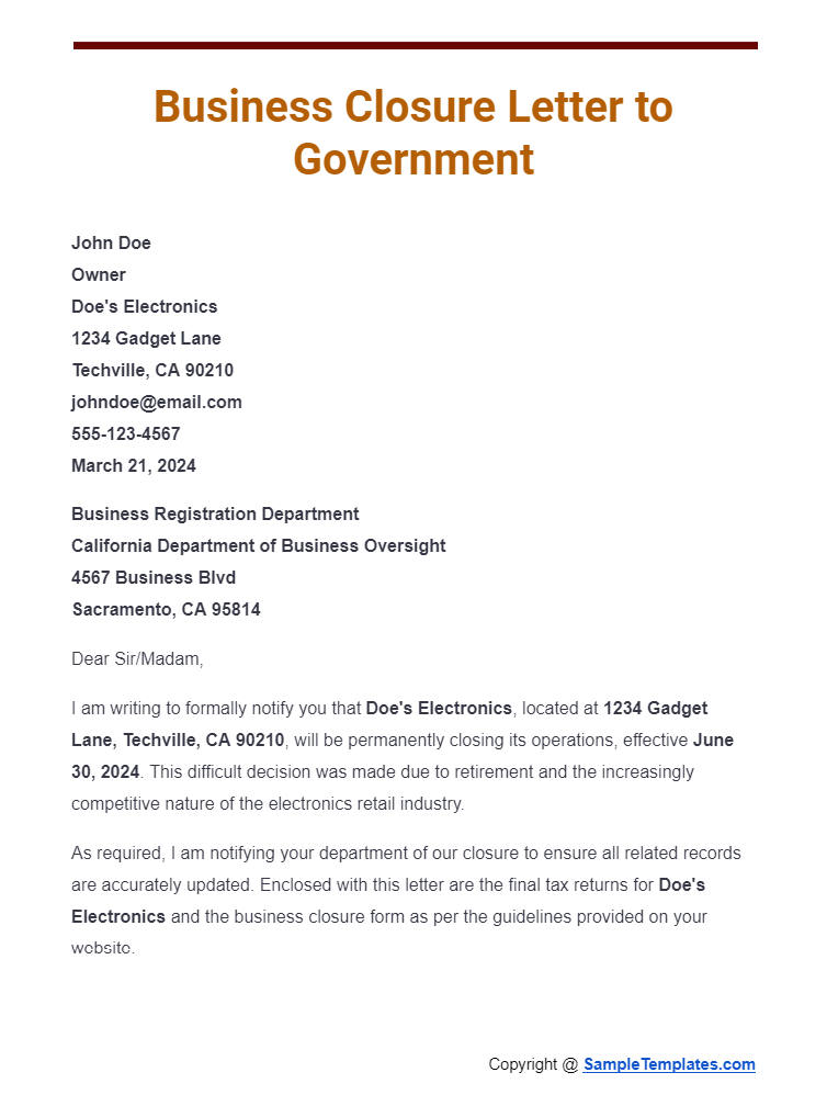 business closure letter to government