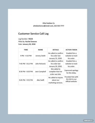 customer service call log template