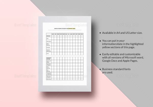 editable income statement monthly template