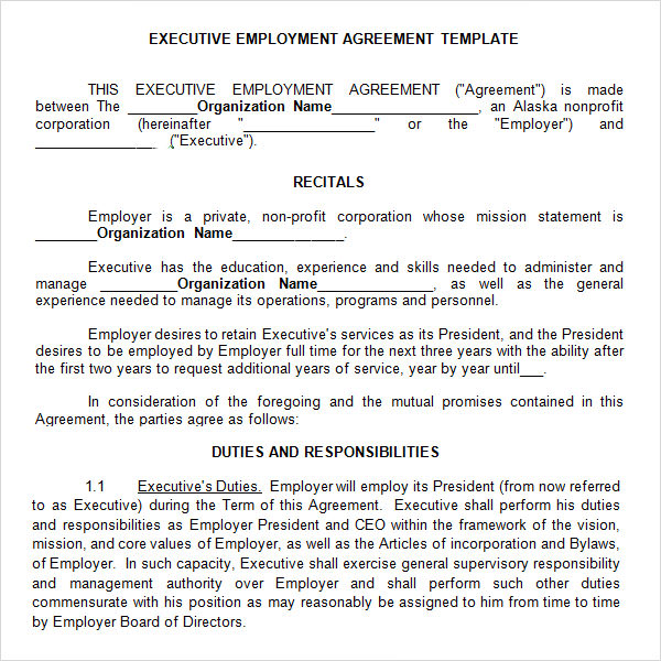 Executive Employment Agreement Template Doctemplates Bank2home com