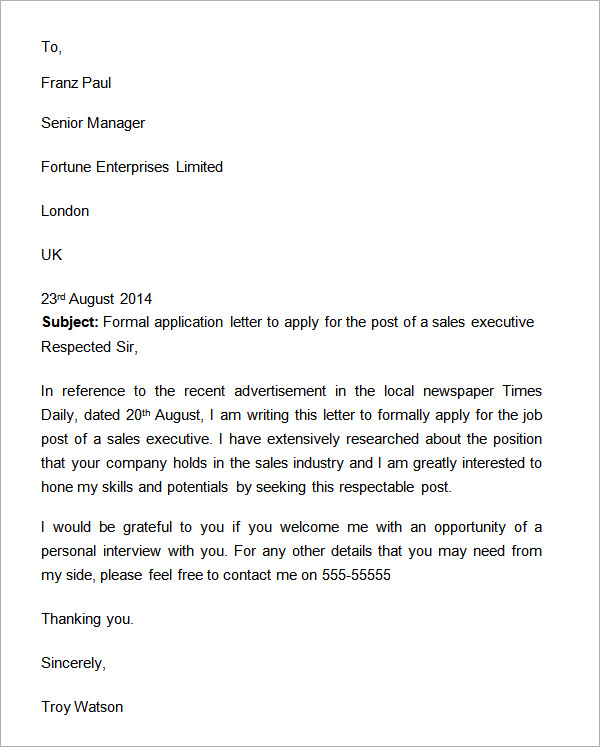 formal letter application letter