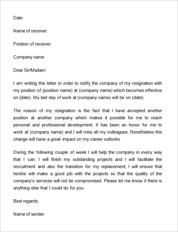 formal resignation letter