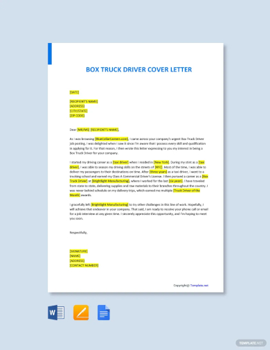 free box truck driver cover letter template