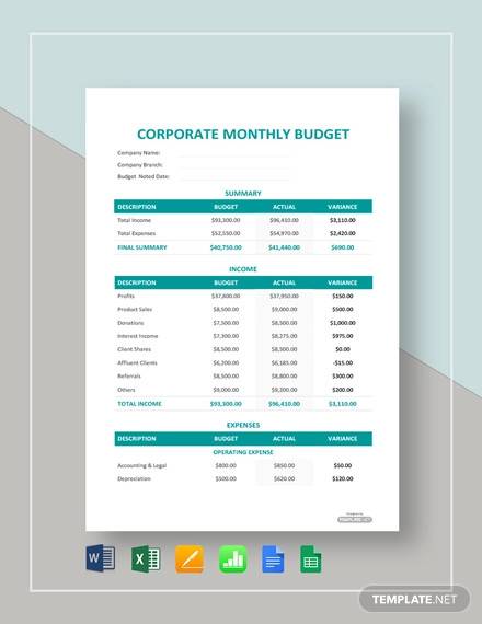 free corporate monthly budget template