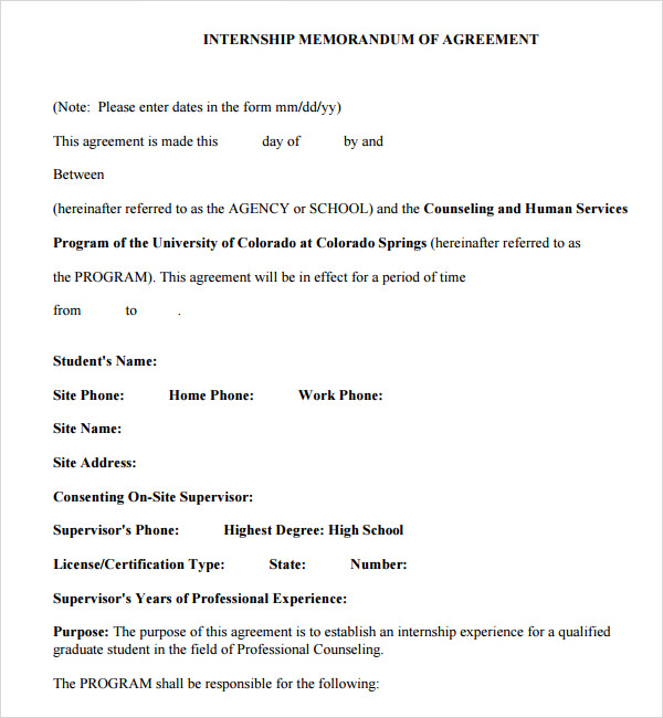 internship memorandum of agreement