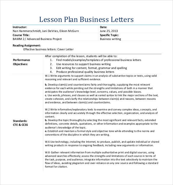 lesson plan business letter