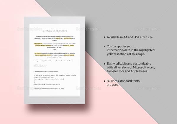 manufacture and sales of goods agreement template