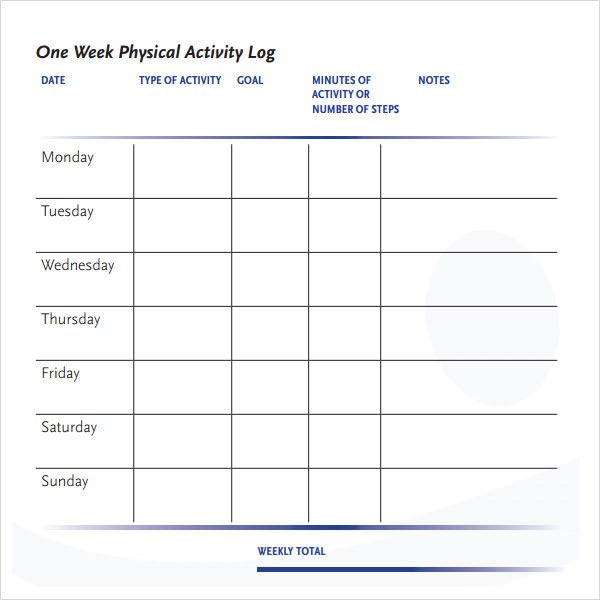 one week physical activity log