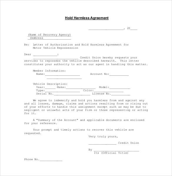 Printable Hold Harmless Agreement Template