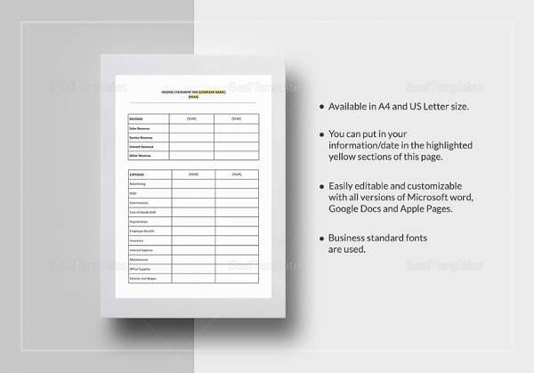 printable income statement template