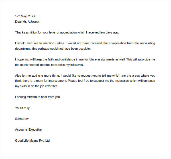 professional thank you letter of appreciation