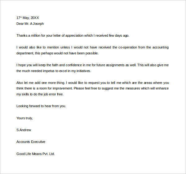 Sample Thank You Letter For Appreciation