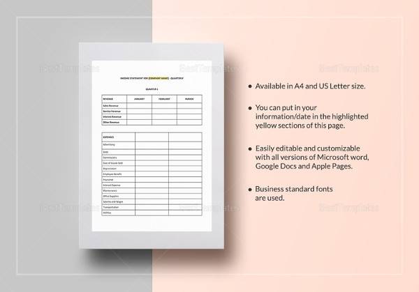 quarterly income statement template in ms word