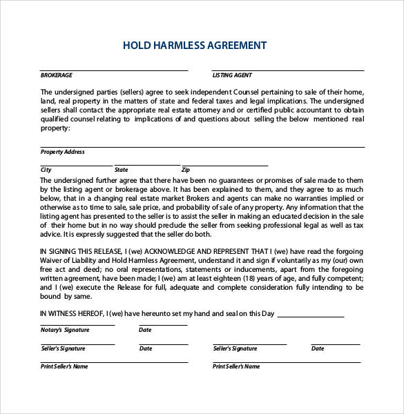 real estate hold harmless agreement