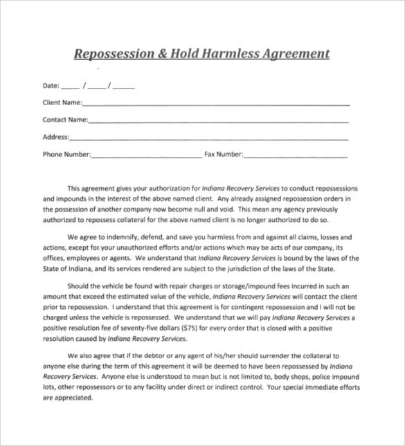 repossession hold harmless agreement