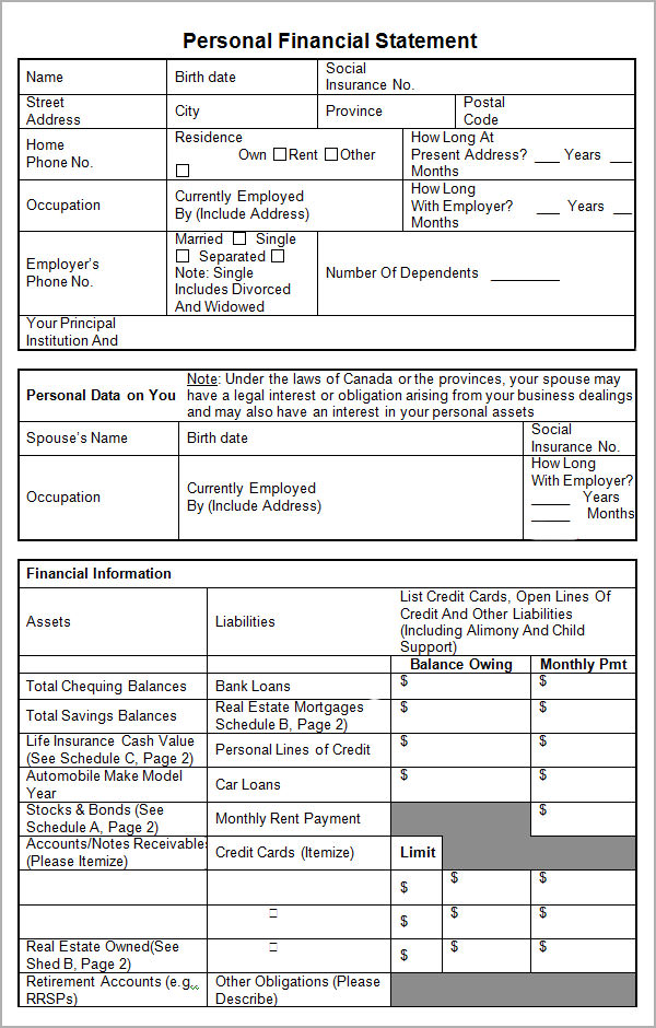 FREE 15+ Sample Personal Financial Statement Templates in ...