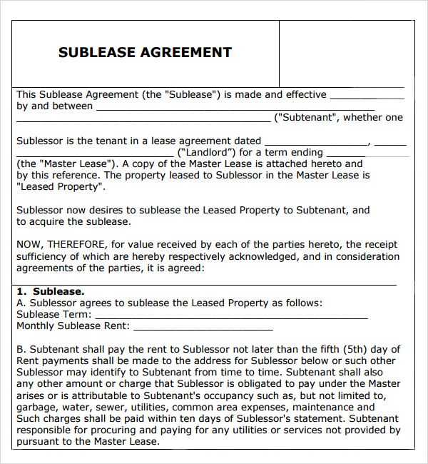 sample sublease agreement