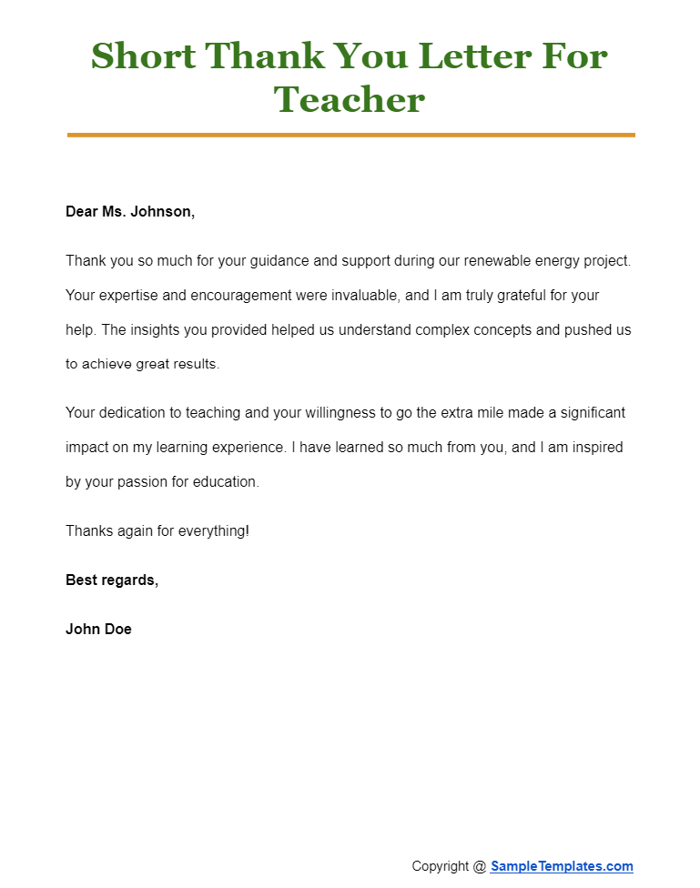 short thank you letter for teacher