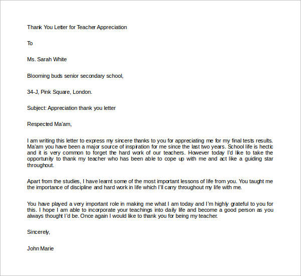 thank you letter for teacher appreciation