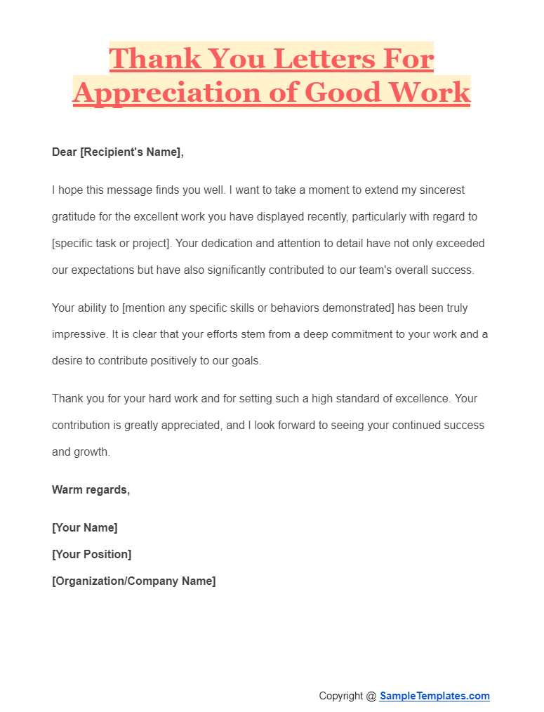 thank you letters for appreciation of good work