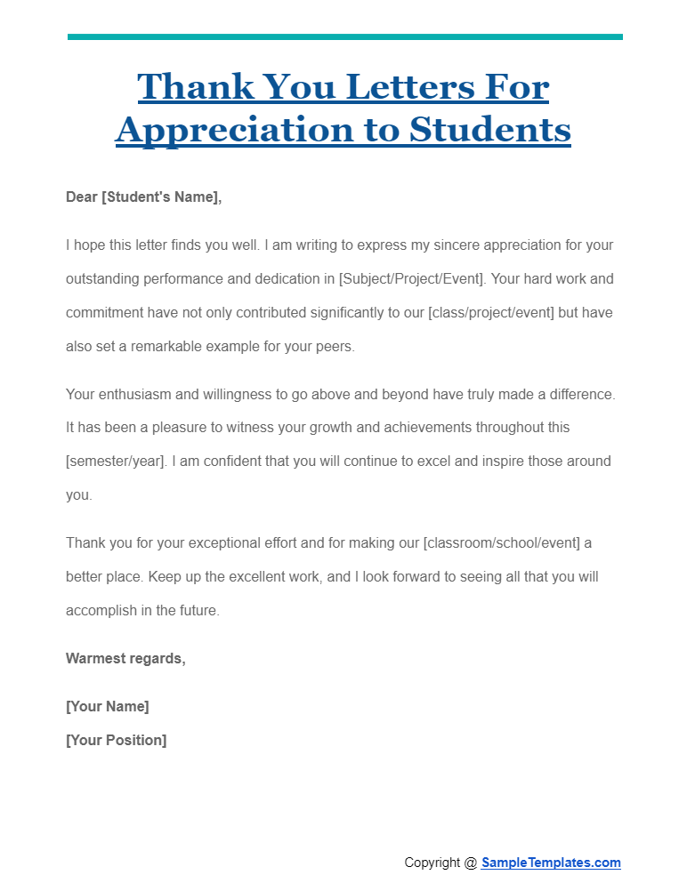 thank you letters for appreciation to students