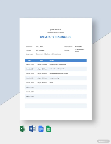 university reading log template