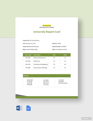 university report card template