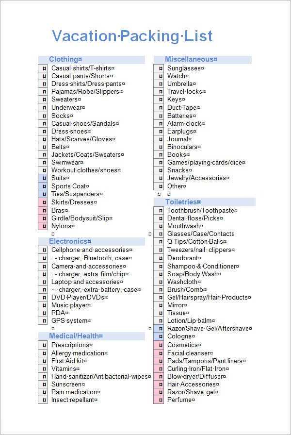 vacation planning list template