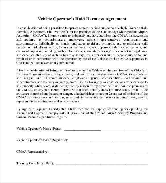 vehicle hold harmless agreement