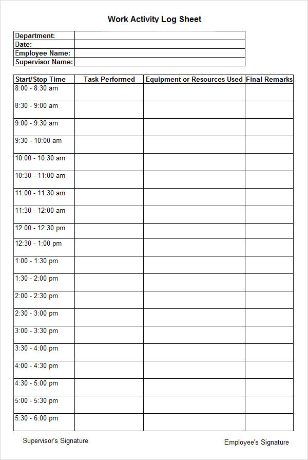 Daily Activity Log Sheet Printable