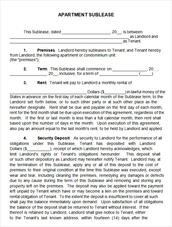apartment sublease agreement template