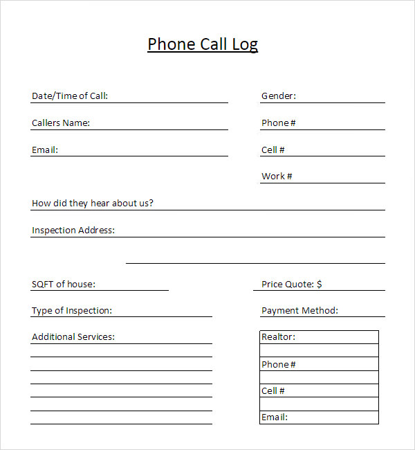 call log template word