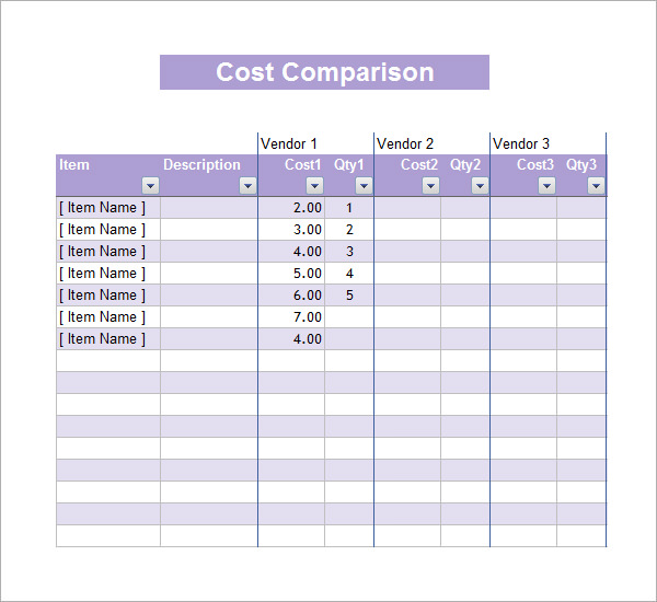 microsoft word cost comparison template