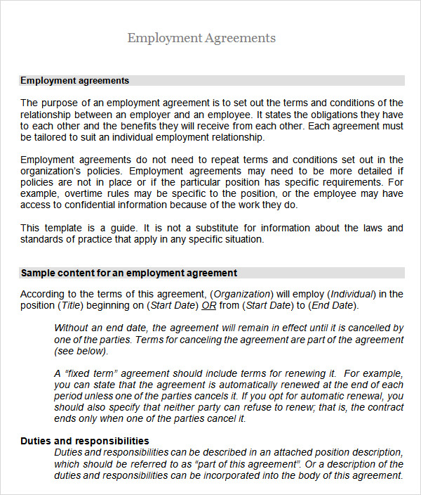 6+ Employment Agreement Templates | Sample Templates