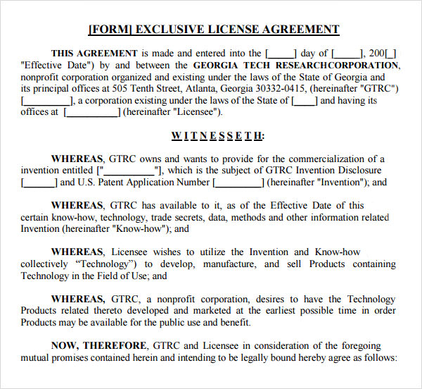exclusive license agreement template