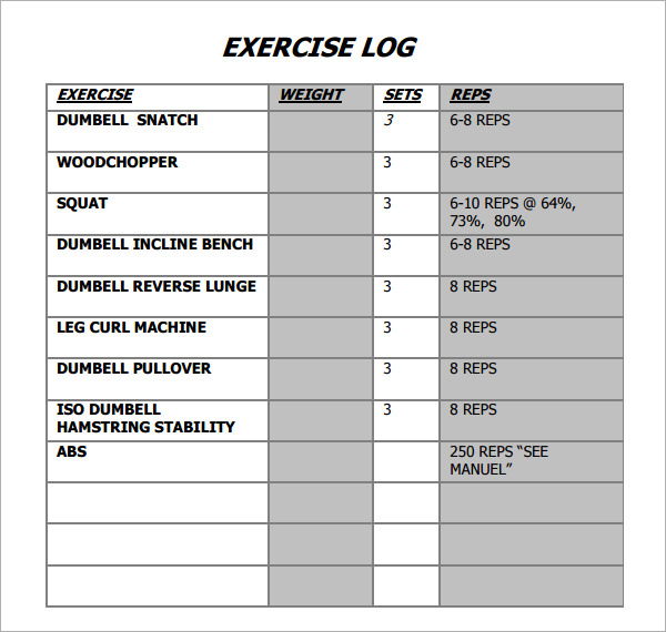 Exercise Log Example Filled Out