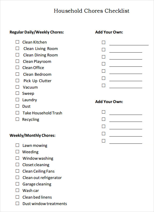 household chore list template